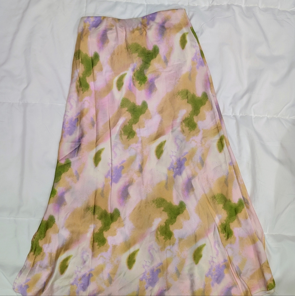 Satin Midi Skirt in Pink & Green Watercolor Print